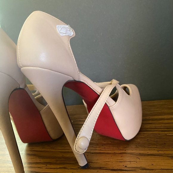 Nude crisscross strap platform peeptoe heels with velcro closure sz 9 - Picture 4 of 10